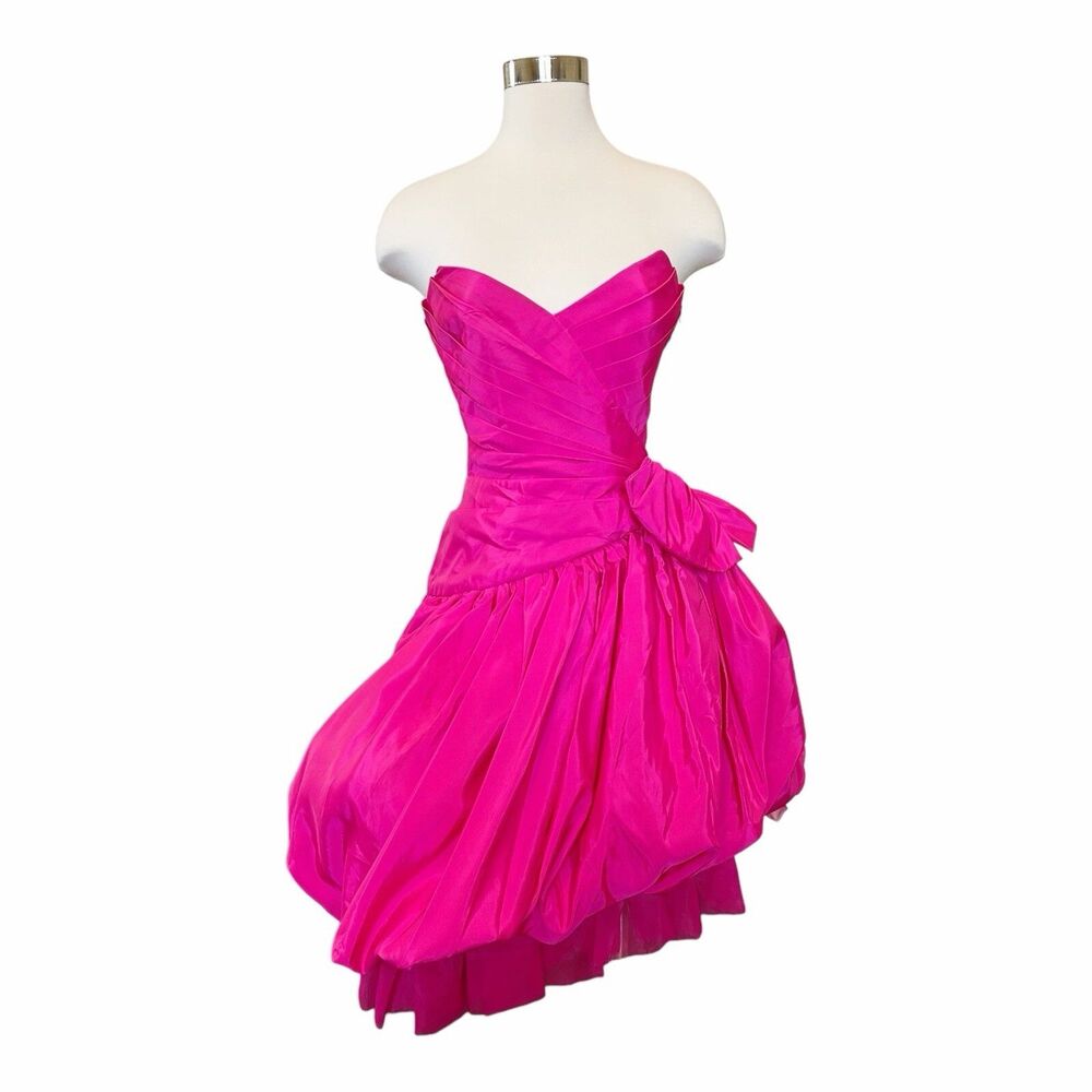 Tadashi VTG Cocktail Prom Short Dress Ruffles Sz 4 Sleeveless Hot Pink Bow
